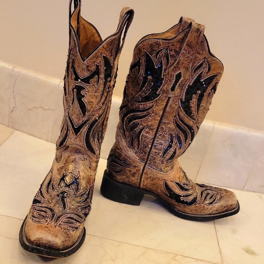Corral Women's Western Cowboy Boots Black and Tan Leather, 7.5 - Picture 10 of 16